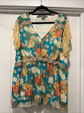 Teal Floral V-Neck Peasant Top with Yellow Accent Sleeves